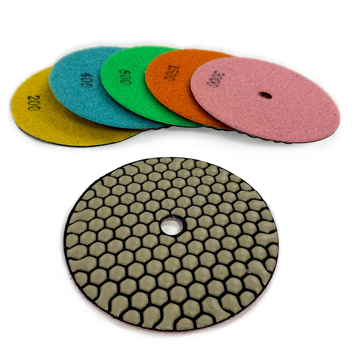 Diamond Resin Concrete Polishing Honeycomb Pads 125mm. These polishing pads are used on concrete surfaces and can be connected via a velcro system. Speedcrete, United Kingdom.