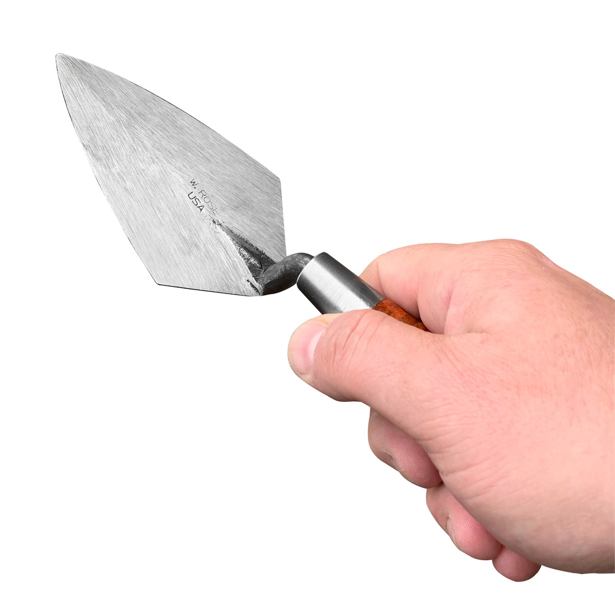 Pointing trowel with leather handle from w.rose. This bricklaying tool is popular with archaeology enthusiasts. Made by W.Rose steel forged trowels of quality. Available in the United Kingdom via Speedcrete.