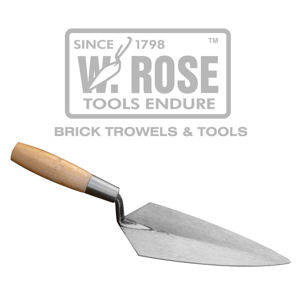 W.Rose Philadelphia Pattern brick trowel c/w Wooden grip. Each high quality brick trowel blade is hand polished for comfort and flexibility. Available from Speedcrete, United Kingdom.