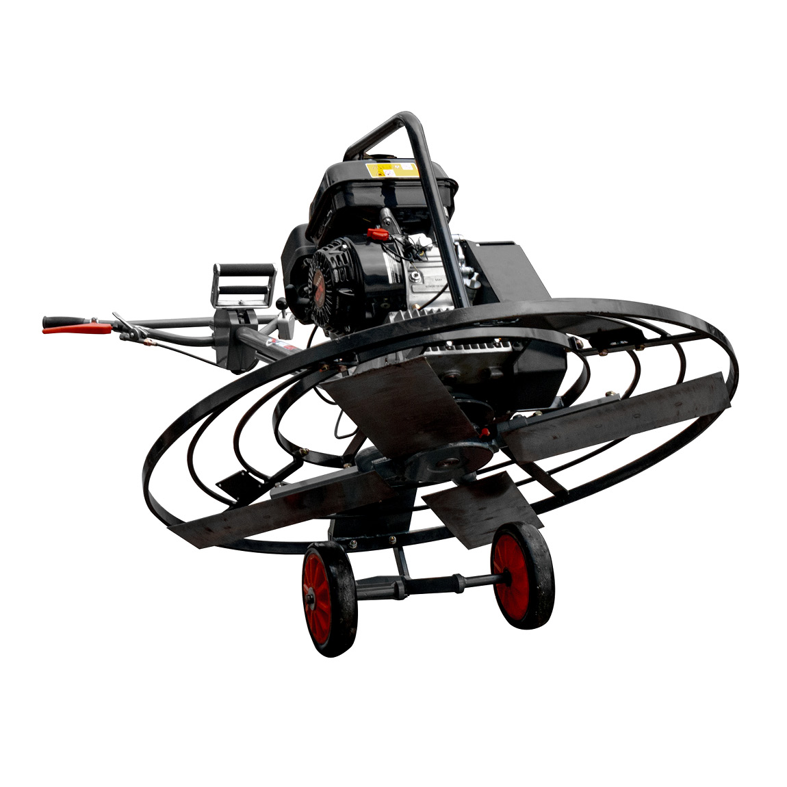 Concrete power float designed to finish concrete floors via a 4 blade spinning machine with angled blades. Petrol powered and powerful on the slab. Available from Speedcrete, United Kingdom.