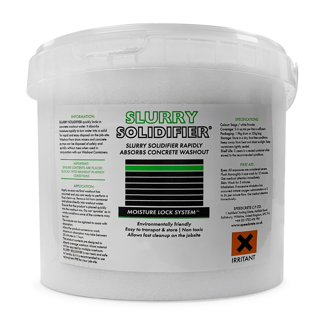 Solidifier for concrete. This slurry solidifier rapidly absorbs concrete washout allowing for quick transportation. Available from Speedcrete, United Kingdom.