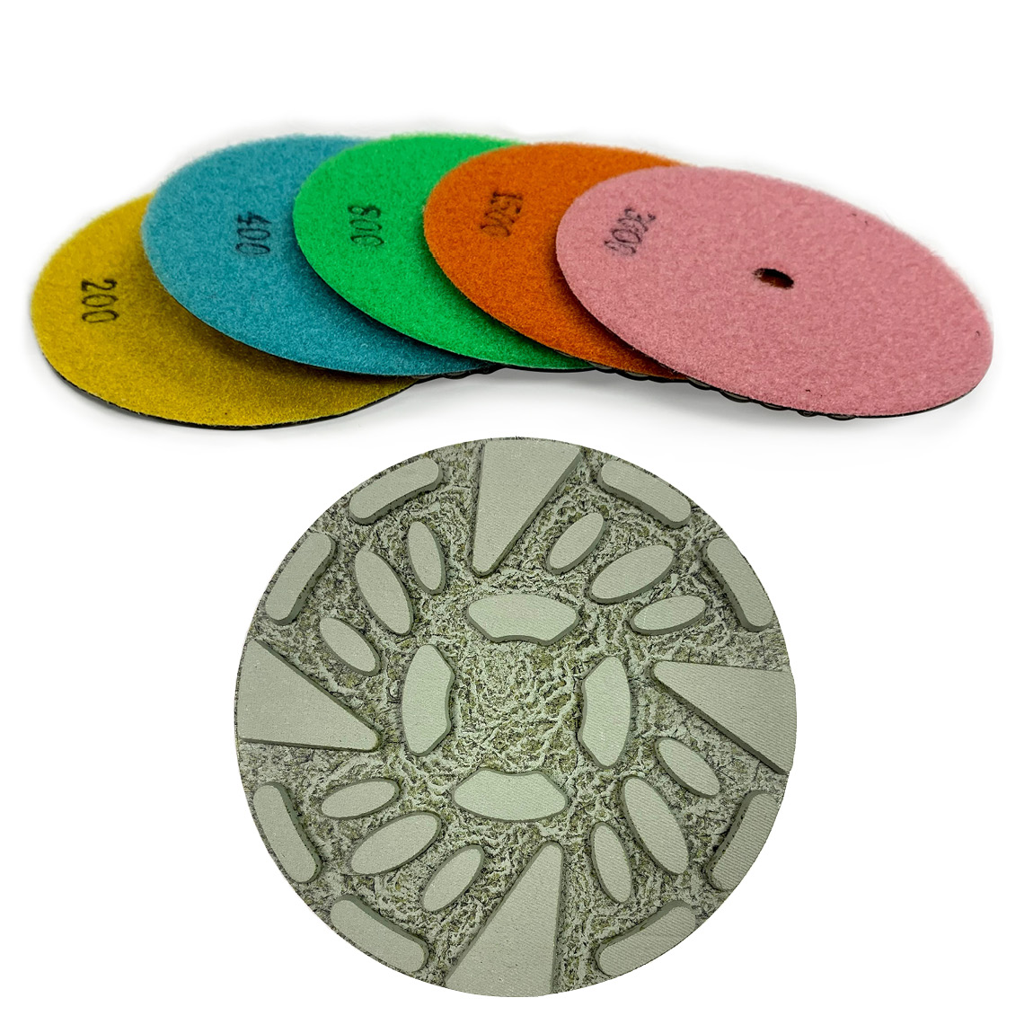 Diamond Resin Concrete Polishing Pizza-style Pads 125mm. These polishing pads are used on concrete surfaces and can be connected via a velcro system. Speedcrete, United Kingdom.