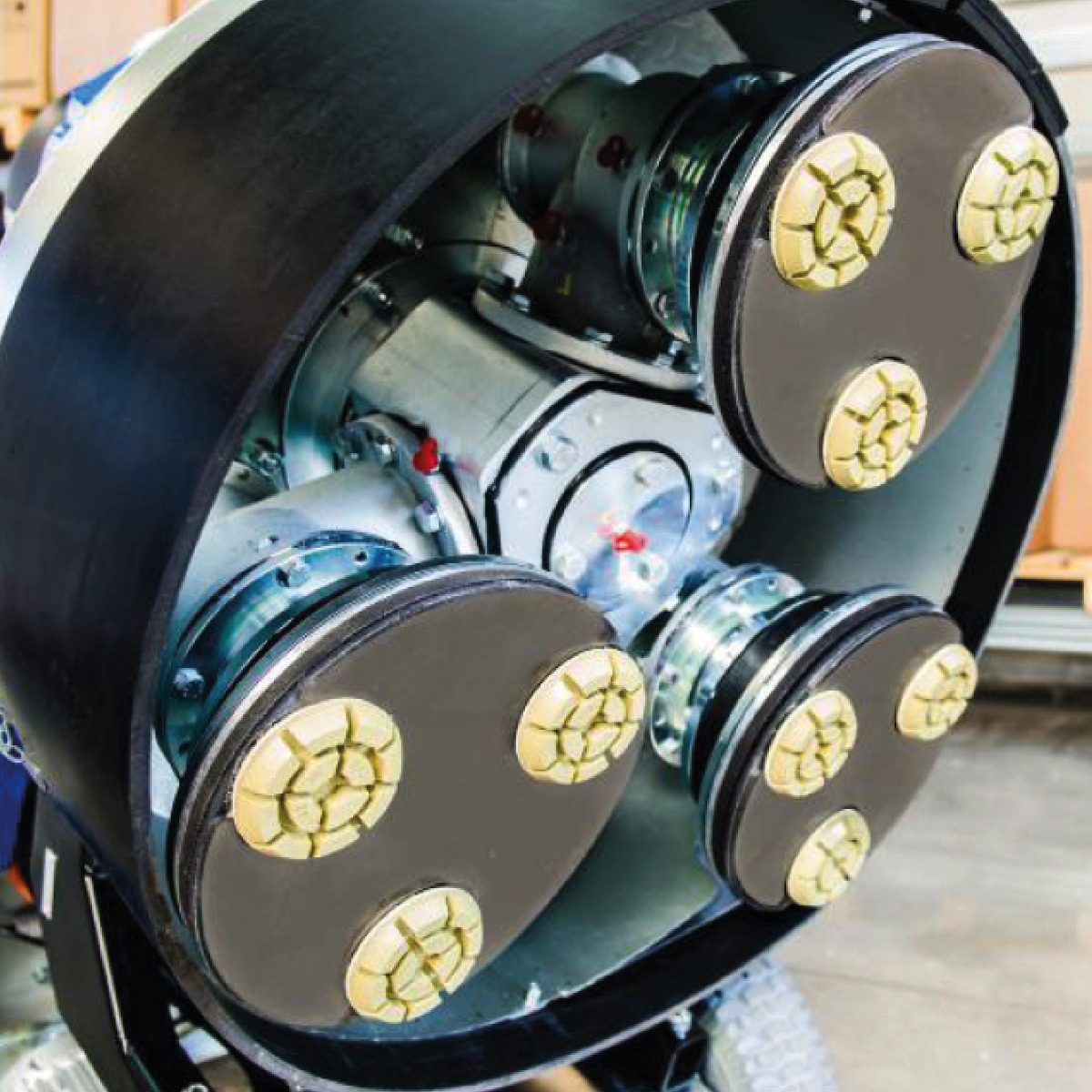 Resin Diamond pucks are used to grind concrete to a polished finish. This selection are copper infused and can last up to 20,000 square feet. Eight selection of grit levels can be velcro attached to a planetary Grinder. Available from Speedcrete, United K