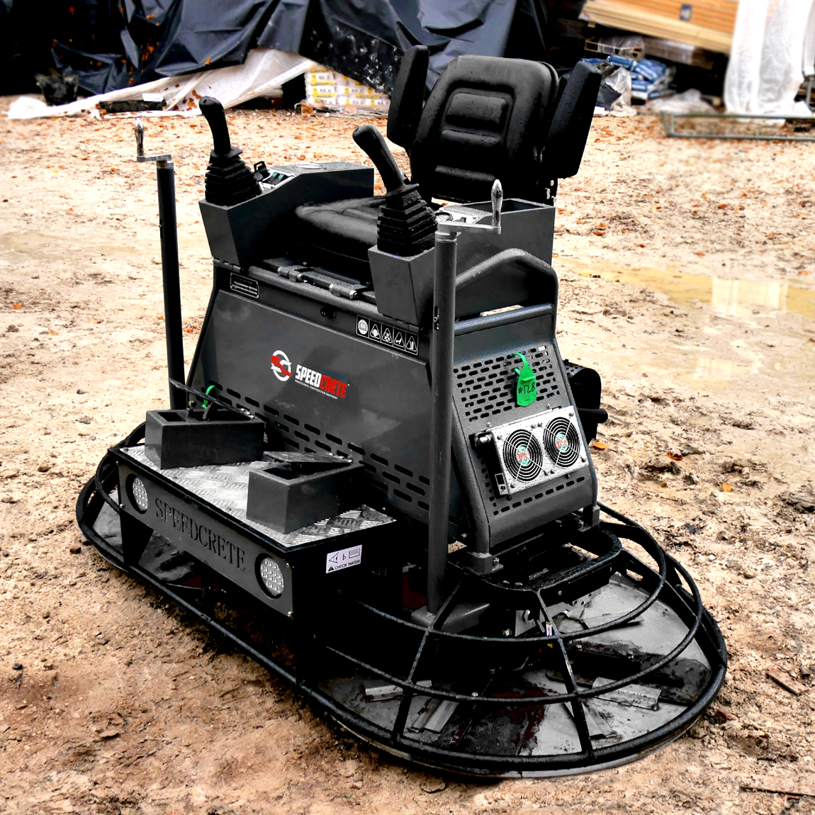 Hire a 36" five blade concrete finishing trowel. These ride-on petrol driven trowels are used to finish concrete via pans and then blades. Available from Speedcrete, United Kingdom.