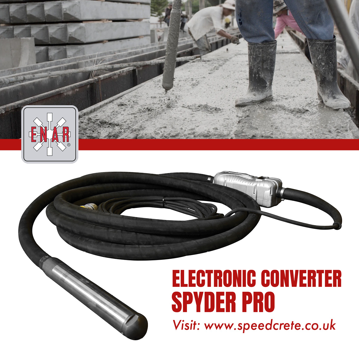 Spyder Pro Excel 50mm Head, 7m flex, 15m cable. The high frequency Spyder Pro is a compact and cost efficient concrete vibrator. Due to the converter and vibrator being an all in one package you don't need to purchase the equipment in 2 separate parts. Av