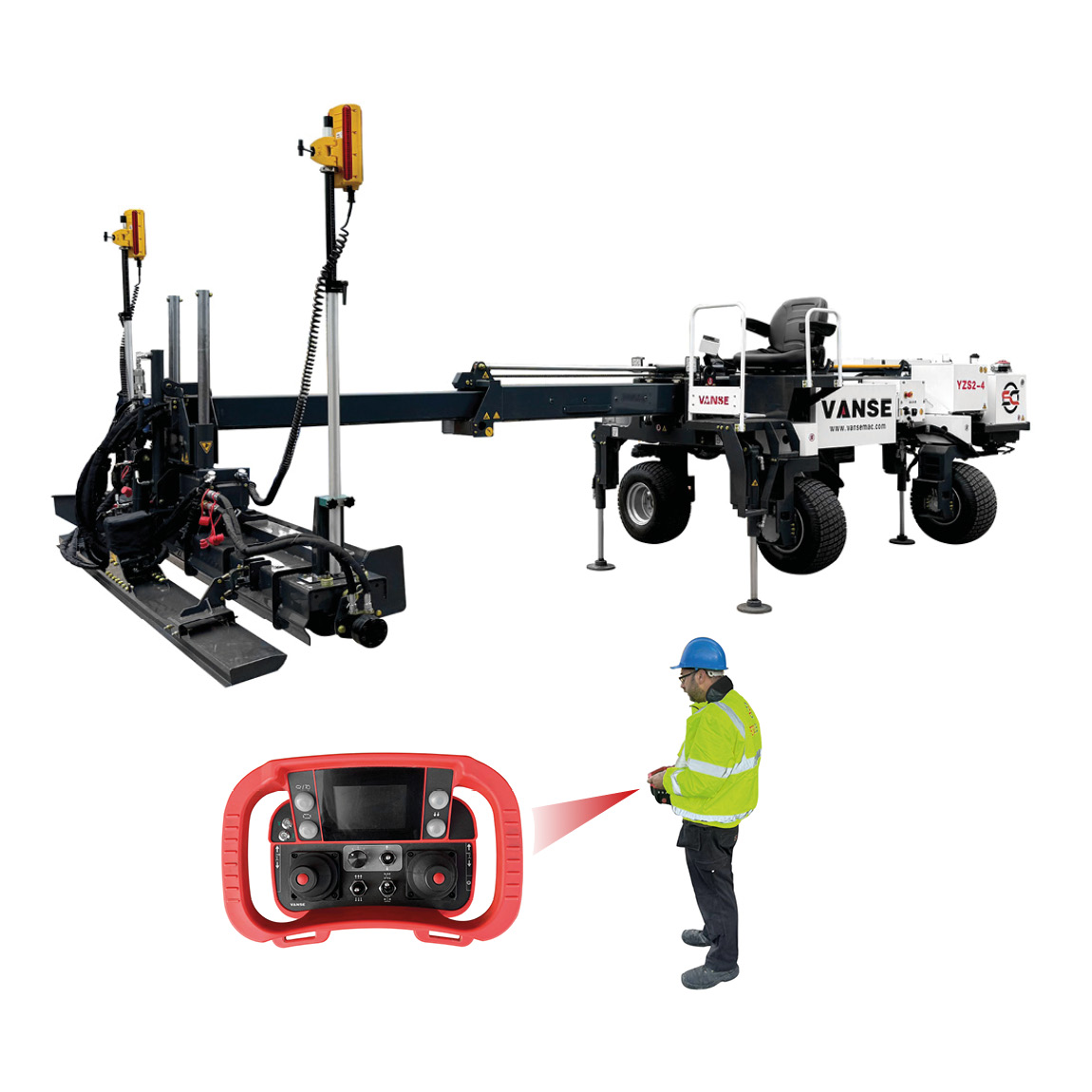 The Laser Screed with extendable boom by Vanse. This model can be controlled remotely and has a 5.5m (18ft) reach. Levelling concrete has never been easier. Visit the United Kingdom dealer Speedcrete for more information.