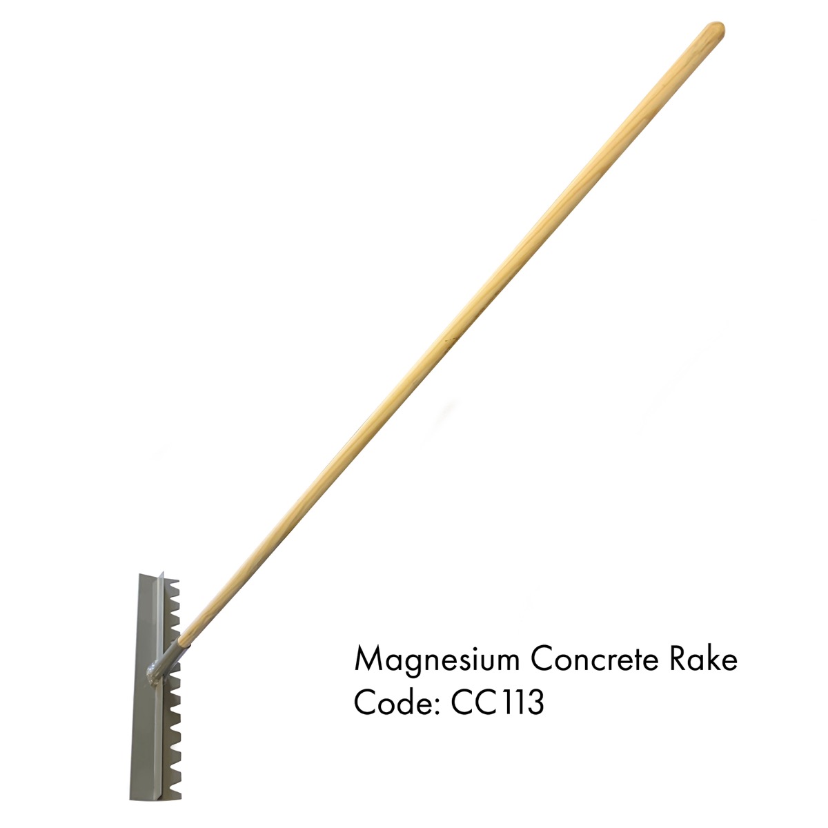 Dual faced steel rake steel head and straight broom handle, available from Speedcrete, United Kingdom.