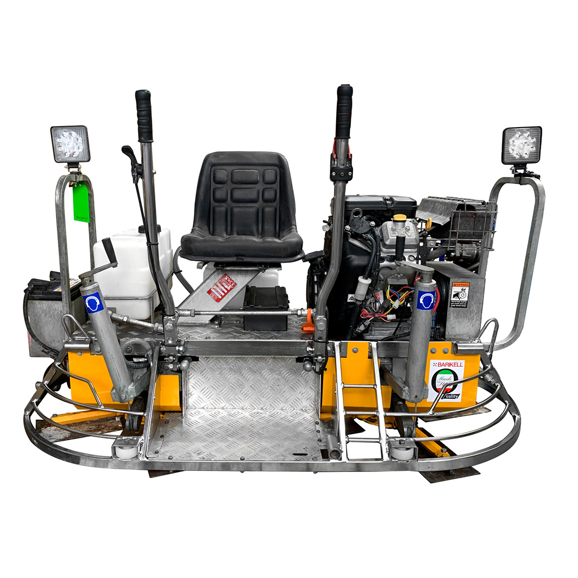 The mini ride on trowel for concrete finishing is made by Italian manufacturer Barikell and supplied in the United Kingdom via Speedcrete. This 8 blade float will produce flat concrete in tight spots and has pitch variation.