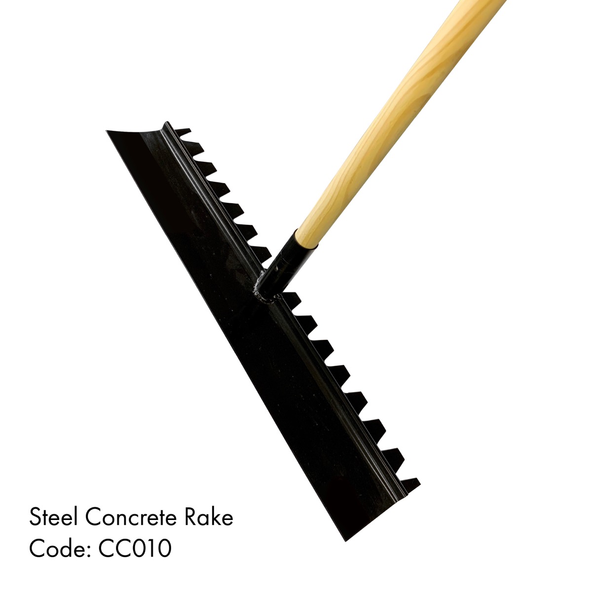 Dual faced steel rake steel head and straight broom handle, available from Speedcrete, United Kingdom.