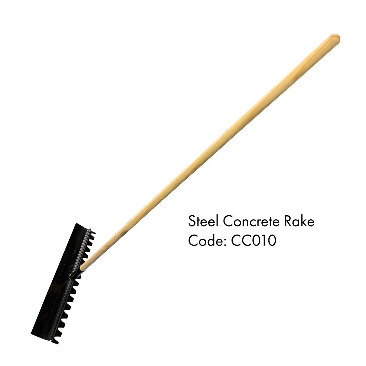 Dual faced steel rake steel head and straight broom handle, available from Speedcrete, United Kingdom.