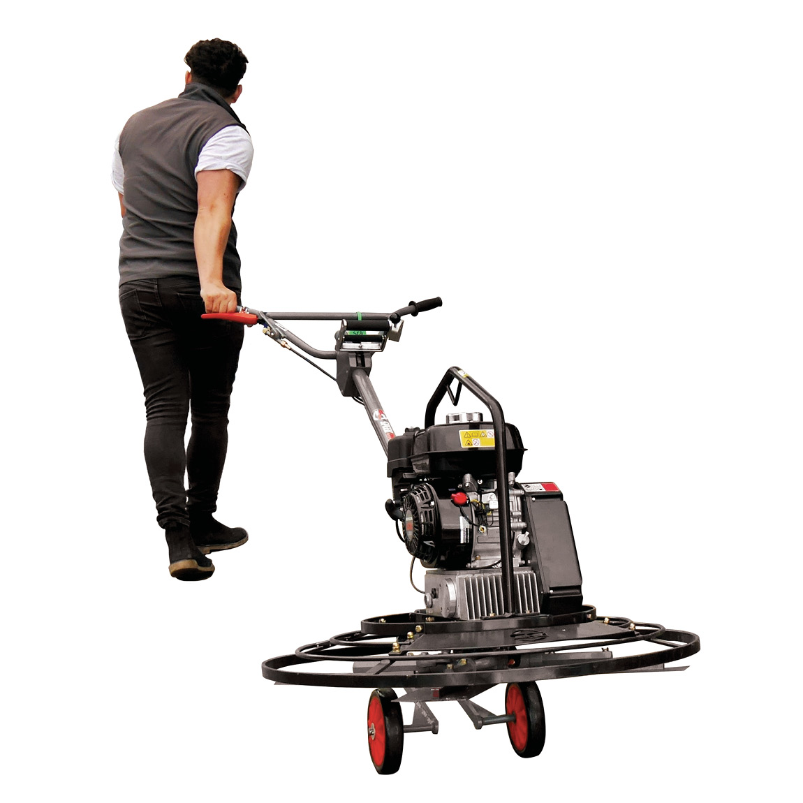 Concrete power float designed to finish concrete floors via a 4 blade spinning machine with angled blades. Petrol powered and powerful on the slab. Available from Speedcrete, United Kingdom.