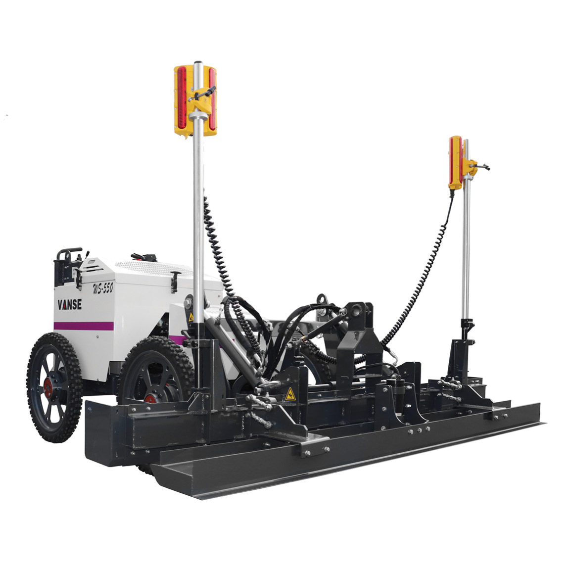 The Vanse WS550 hydraulic concrete laser controlled ride-on concrete screed levels and applies vibration across a 2.4m (7.8ft) front head. This concrete levelling machine is powered by the petrol Honda GX690 engine. Speedcrete, United Kingdom.