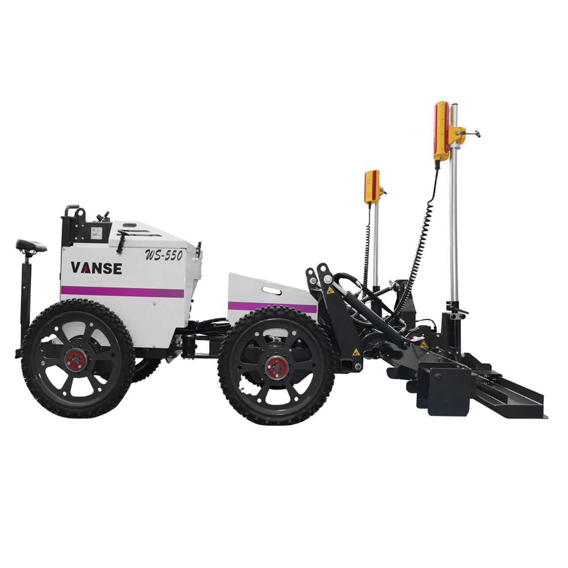 The Vanse WS550 hydraulic concrete laser controlled ride-on concrete screed levels and applies vibration across a 2.4m (7.8ft) front head. This concrete levelling machine is powered by the petrol Honda GX690 engine. Speedcrete, United Kingdom.