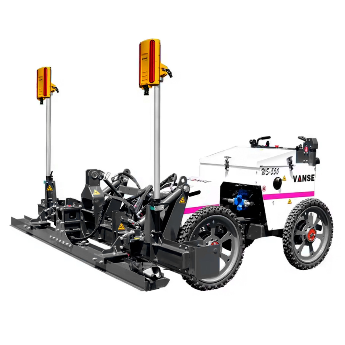 The Vanse WS550 hydraulic concrete laser controlled ride-on concrete screed levels and applies vibration across a 2.4m (7.8ft) front head. This concrete levelling machine is powered by the petrol Honda GX690 engine. Speedcrete, United Kingdom.