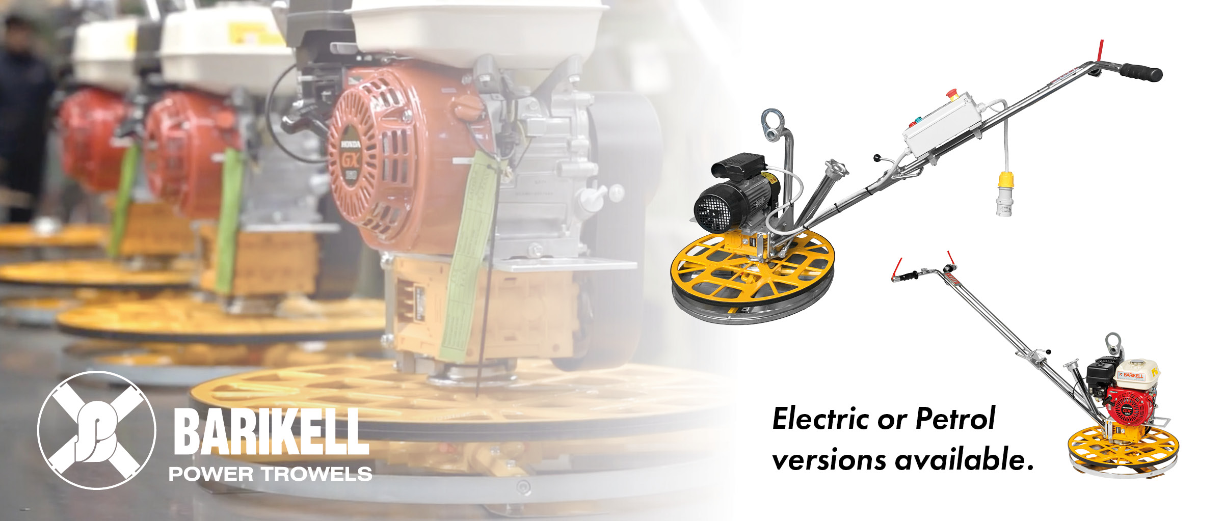 Barikell electric or petrol powered 24" edging trowels. Speedcrete, United Kingdom.