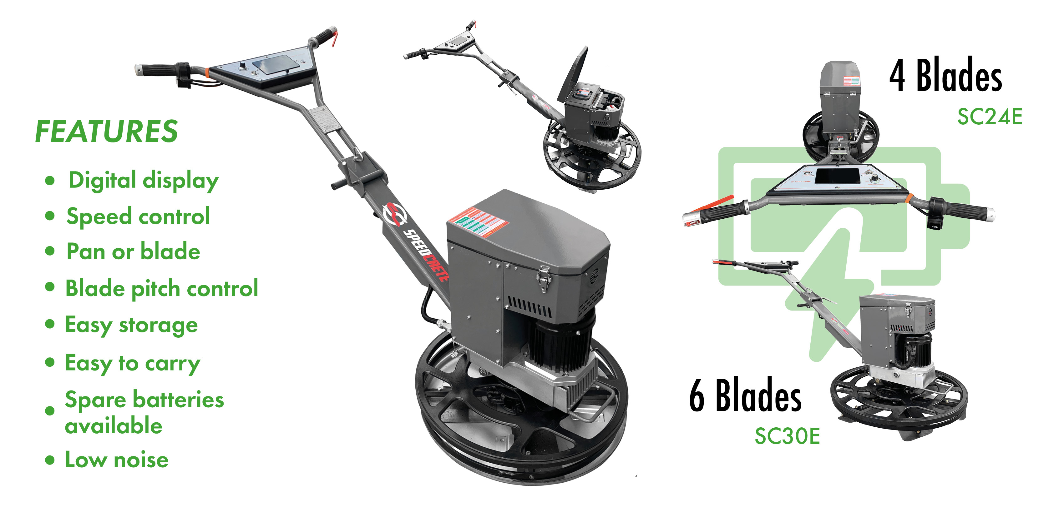Choose from two battery powered models, the 24" four blade model or the 30" six blade model. These concrete edging trowels are used predominately for finishing indoor work to replace fuel driven models to negate fumes and to appease noise reduction specif