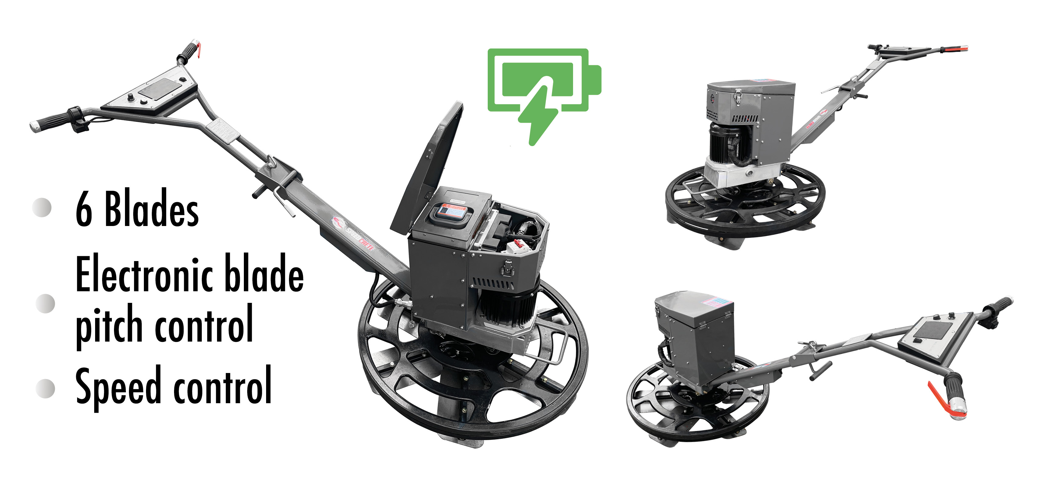 The battery powered edging concrete trowel from Speedcrete, United Kingdom. This 30" edging trowel has 6 blades and a running time of 120 mins. Total weight is 97kg.