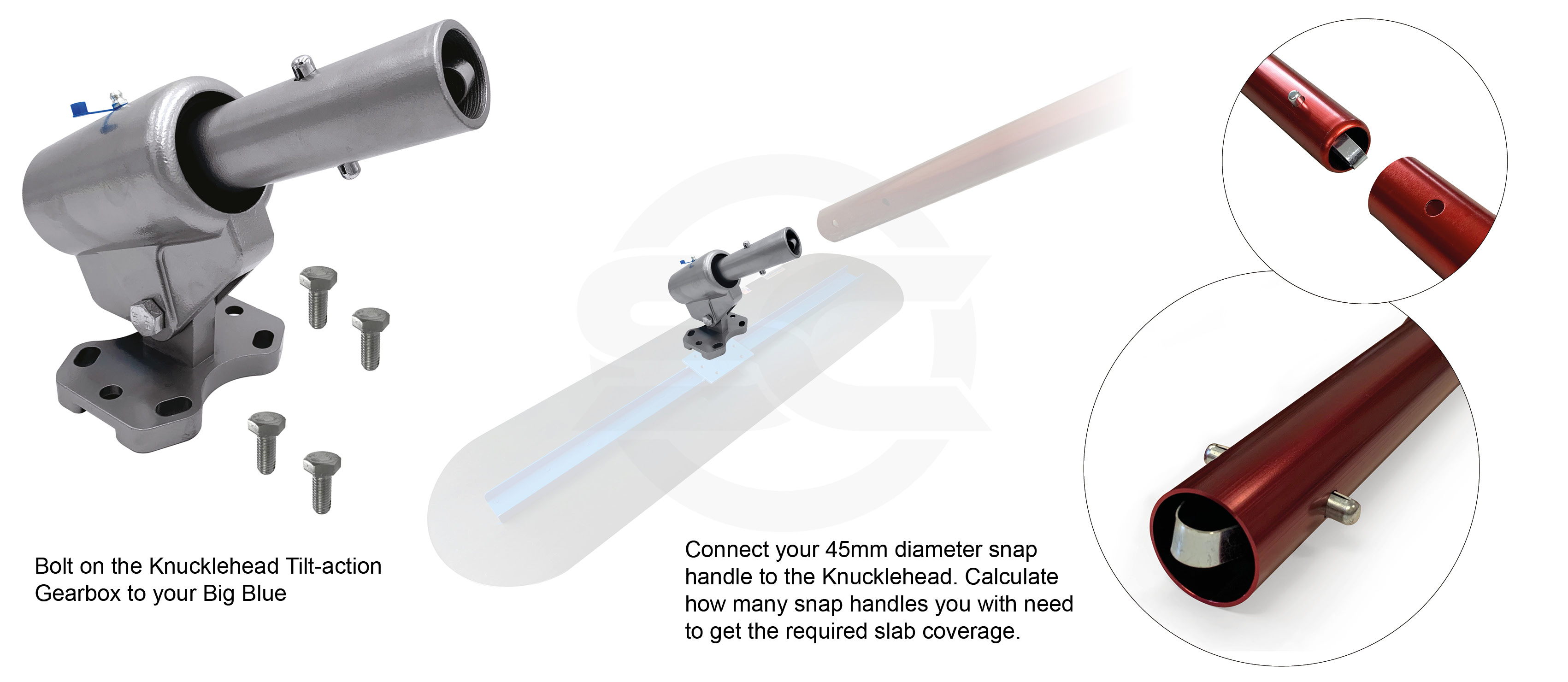 Snap handles (45mm diameter) are aluminium poles that connect and can be attached to your big blue finishing float for concrete finishing. Available from Speedcrete United Kingdom.