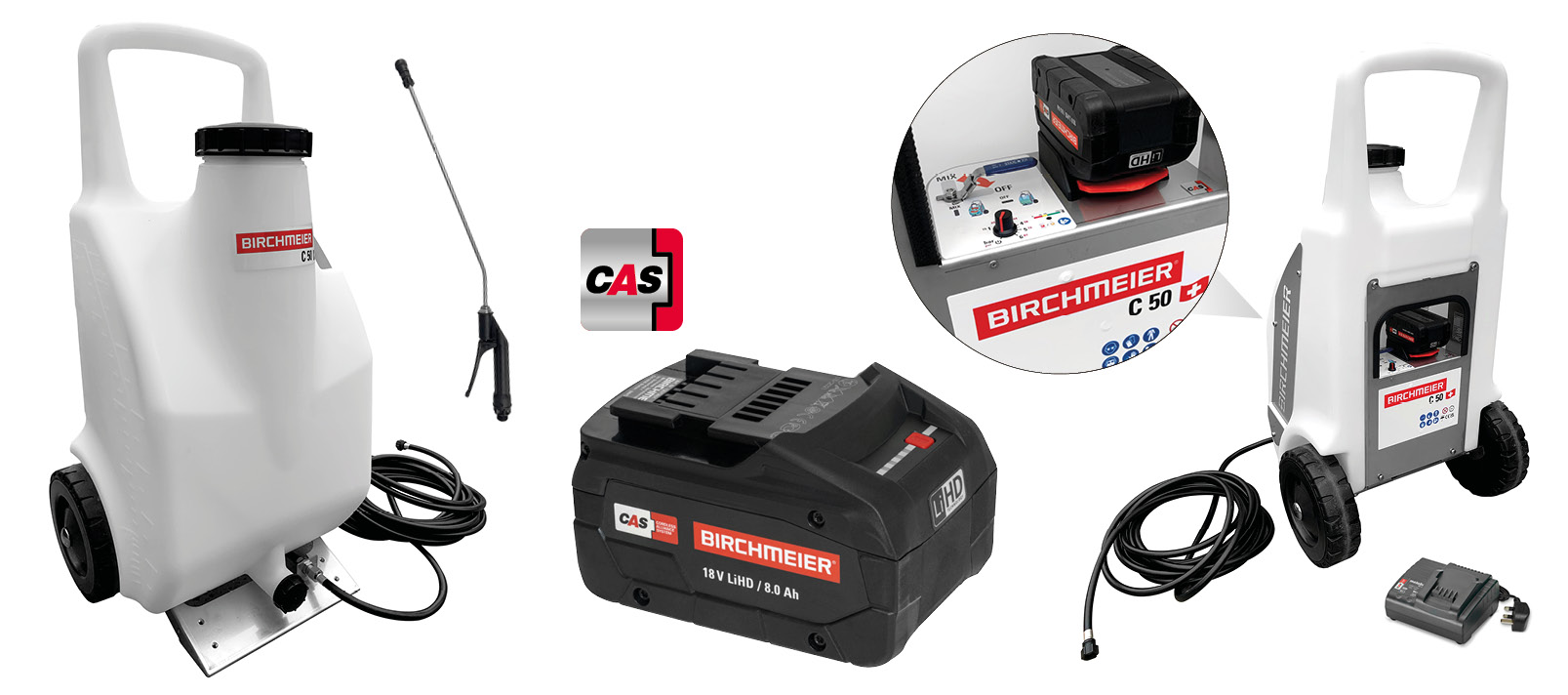 The Birchmeier C 50 sprayer is battery operated and can be moved around via a two wheel system. Ideal for spraying liquids. Available from Speedcrete, United Kingdom.
