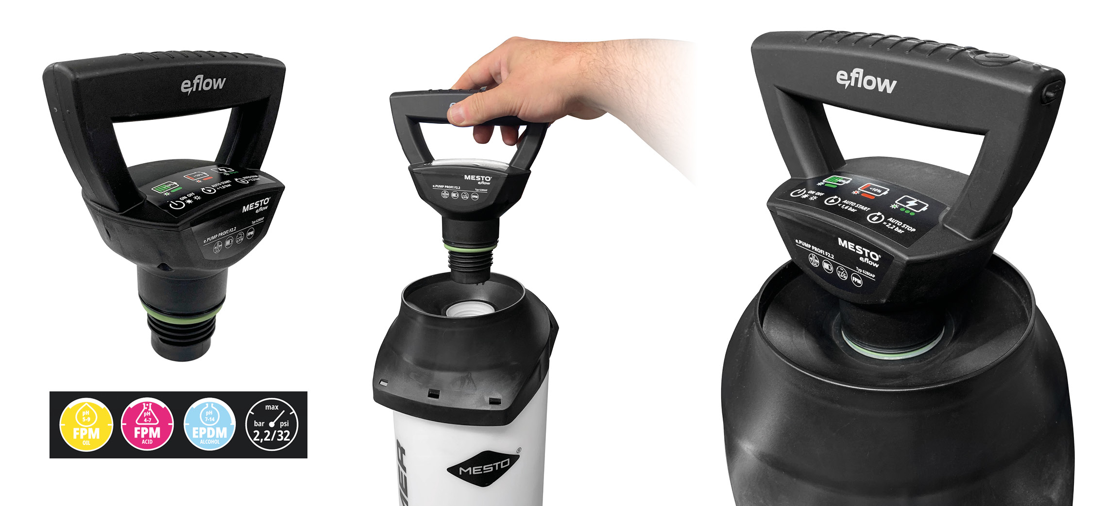 The e.PUMP PROFI maintains a steady pressure of 1.8 to 2.2 bar without any need for manual pumping, ensuring continuous and ef- fortless operation