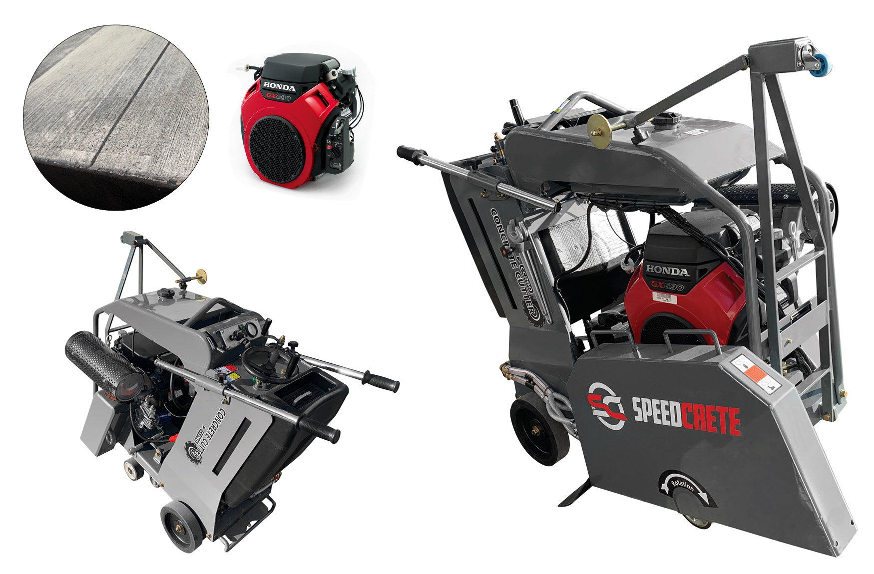This semi-self propelled concrete cutting machine has a maximum cutting depth of 270mm and can be used with blades sizes between 300mm & 700mm.