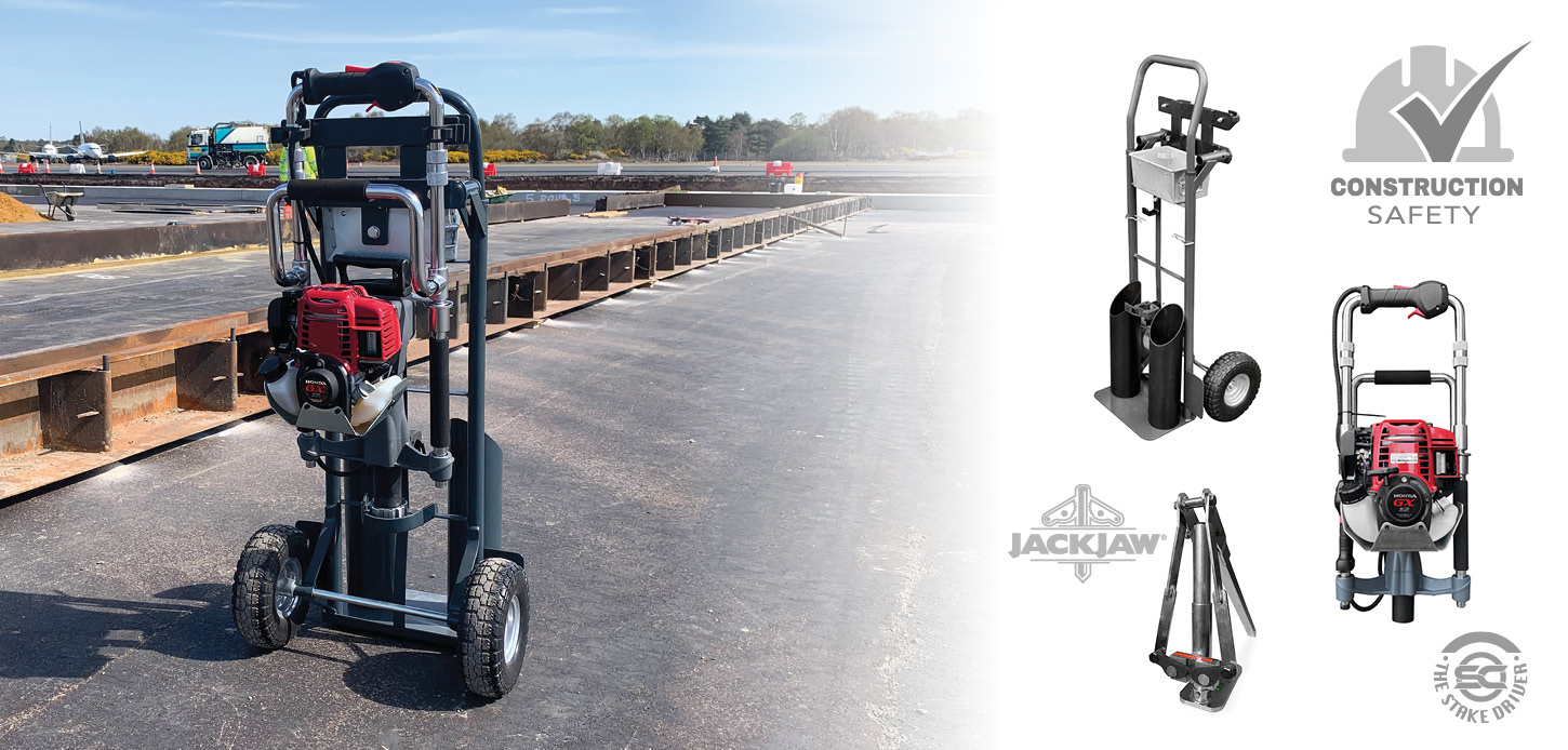 jack hammers hydraulically place form stakes we use. This method is safer than the traditional method of hammering in form stakes and is less viable to cause stakes cracking and mushrooming. Available from Speeedcrete, United Kingdom.